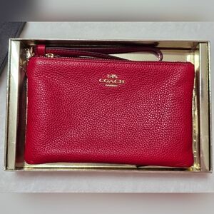 Coach Red Pebbled Leather Wristlet with Gold Logo